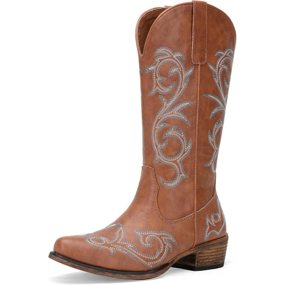 ⚡Women's Brown Wide Calf Mid Calf Cowgirl Boots with Low Heel Western Shoes